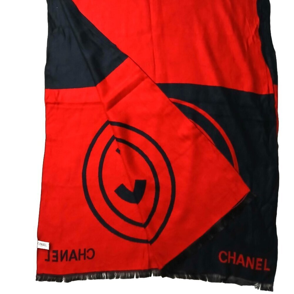 CHANEL Vintage Black & Red Reversible Color Block Wrap Shawl Scarf w/ CC Logo - Picture 3 of 11